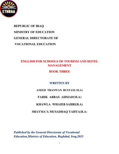 كتاب اللغة الانكليزية فن الضيافة وانتاج الاطعمة المرحلة الثالثة 2014 [PDF]