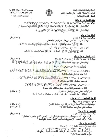 اسئلة واجوبة الاسلامية السادس الادبي الدور الاول 2018 [PDF]